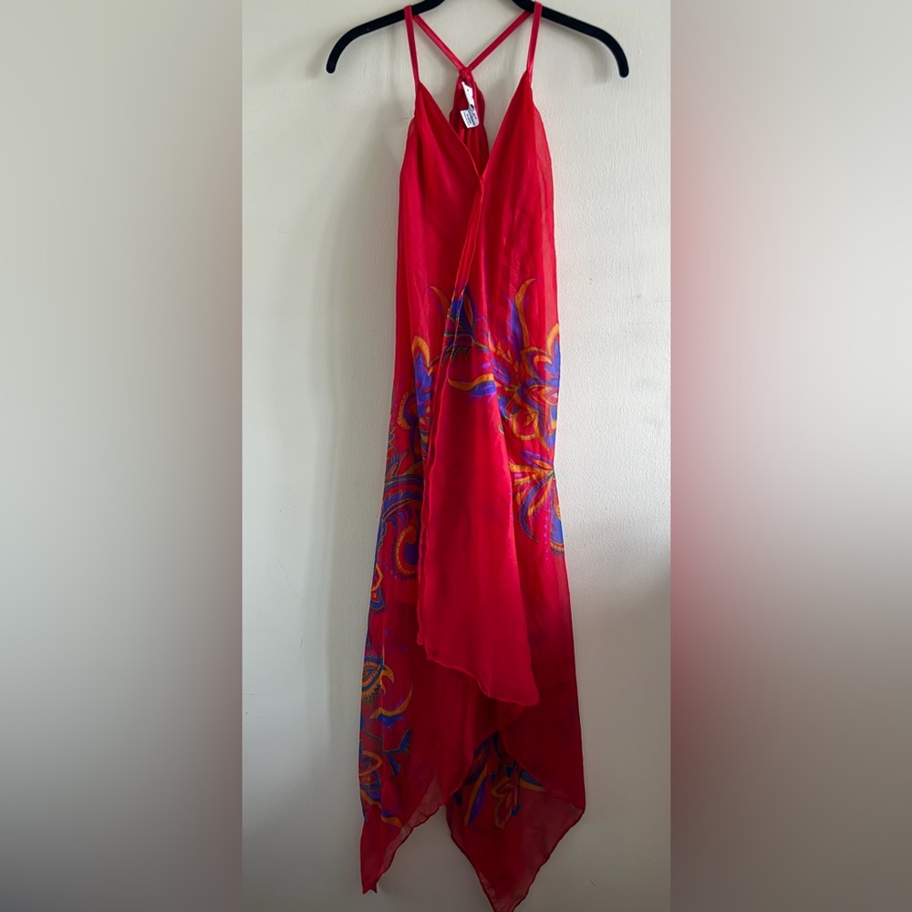 New! Indian Tropical Fashion Red Floral Handkerchief-Hem Midi Dress